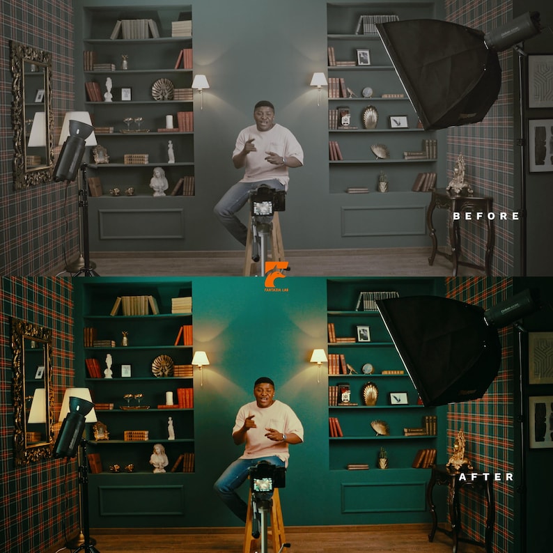 May include: A before-and-after image of a video recording setup. The top half shows a room with bookshelves, lamps, and a person seated in front of a camera. The bottom half shows the same scene with enhanced colors and lighting. The text "BEFORE" and "AFTER" are visible.