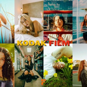 May include: A collage of eight images featuring diverse individuals in various settings. The central text reads "KODAK FILM" in yellow letters. The images showcase a range of styles and aesthetics, suggesting a theme of photography or visual storytelling.