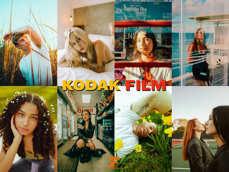 May include: A collage of eight images featuring diverse individuals in various settings. The central text reads "KODAK FILM" in yellow letters. The images showcase a range of styles and aesthetics, suggesting a theme of photography or visual storytelling.