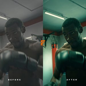 May include: A before and after image of a boxer in a gym. The boxer is wearing black boxing gloves. The image on the left is labeled "BEFORE" and the image on the right is labeled "AFTER".