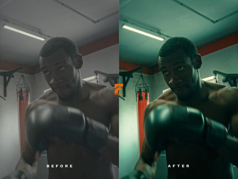 May include: A before and after image of a boxer in a gym. The boxer is wearing black boxing gloves. The image on the left is labeled "BEFORE" and the image on the right is labeled "AFTER".