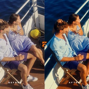 May include: A couple sits on a wooden boat deck, enjoying a sunny day. The woman wears a light blue dress, and the man wears a light blue shirt and navy shorts. They are seated on folding chairs, with a yellow buoy visible in the background.