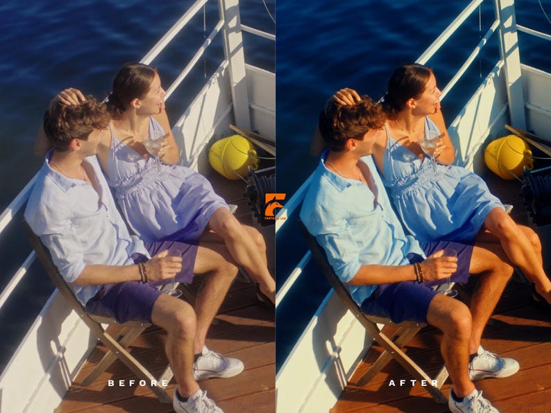 May include: A couple sits on a wooden boat deck, enjoying a sunny day. The woman wears a light blue dress, and the man wears a light blue shirt and navy shorts. They are seated on folding chairs, with a yellow buoy visible in the background.