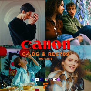 Può includere: Un collage con la parola "Canon" in rosso, insieme a "C-LOG & REC709" e "100+ LUTS". Le scene mostrano persone diverse in vari ambienti. L'immagine suggerisce un tema legato al montaggio video o alla fotografia, possibilmente LUT.