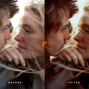 May include: A split-screen comparison showing a before and after photo edit of two people facing each other. The left side is labeled BEFORE and the right side is labeled AFTER. An orange logo with the text LIGHTROOM LAB is in the center.