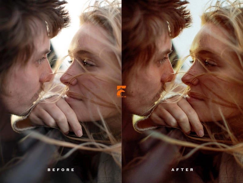May include: A split-screen comparison showing a before and after photo edit of two people facing each other. The left side is labeled BEFORE and the right side is labeled AFTER. An orange logo with the text LIGHTROOM LAB is in the center.