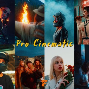 May include: A collage of cinematic images with a variety of subjects. The images include a person with a neon light, a campfire, a person wearing a helmet, and a group of people. The text "Pro Cinematic" is displayed in yellow.