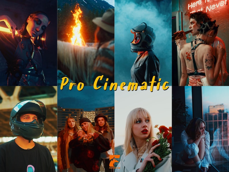 May include: A collage of cinematic images with a variety of subjects. The images include a person with a neon light, a campfire, a person wearing a helmet, and a group of people. The text "Pro Cinematic" is displayed in yellow.