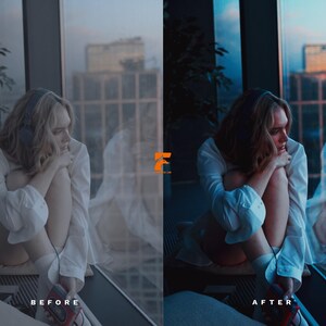 May include: A split-screen image showing a person in a white shirt and headphones, sitting by a window. The left side is labeled "BEFORE," and the right side is labeled "AFTER," showcasing a color adjustment. A red cassette player is visible.