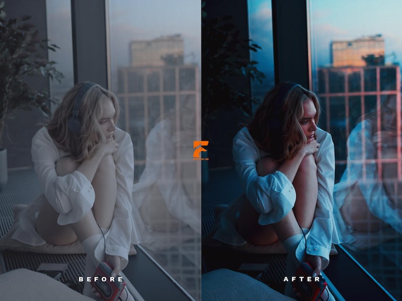 May include: A split-screen image showing a person in a white shirt and headphones, sitting by a window. The left side is labeled "BEFORE," and the right side is labeled "AFTER," showcasing a color adjustment. A red cassette player is visible.