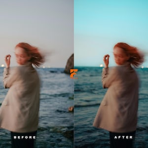 May include: A blurred image of a person standing near the ocean, wearing a tan coat. The person has red hair blowing in the wind. The words "BEFORE" and "AFTER" are at the bottom of the image.