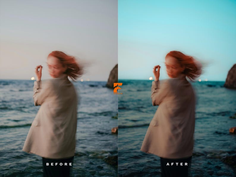 May include: A blurred image of a person standing near the ocean, wearing a tan coat. The person has red hair blowing in the wind. The words "BEFORE" and "AFTER" are at the bottom of the image.
