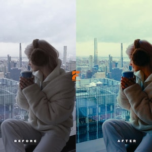 May include: A person is seated near a window, holding a blue cup, with a cityscape visible in the background. The person is wearing a cream-colored coat and earmuffs. The text "BEFORE" and "AFTER" are visible at the bottom of the image.