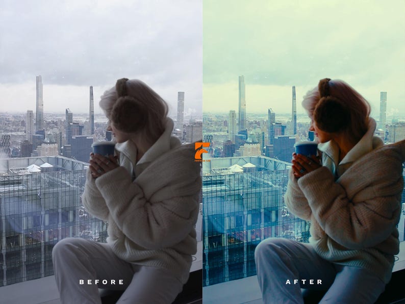 May include: A person is seated near a window, holding a blue cup, with a cityscape visible in the background. The person is wearing a cream-colored coat and earmuffs. The text "BEFORE" and "AFTER" are visible at the bottom of the image.