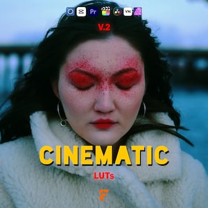 May include: A woman with red eye makeup and lipstick, wearing a white coat, with the text "CINEMATIC LUTS" in yellow. The image also includes app icons and the text "V.2". The background is a blurred outdoor scene.