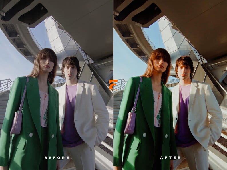 May include: Two people wearing stylish outerwear stand outdoors. One wears a green blazer with a pink top and a purple purse. The other wears a white blazer over a purple shirt. The background features a modern architectural structure.