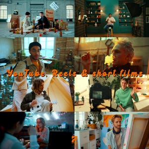 May include: A collage of images featuring diverse scenes. One scene shows people with protest signs and flowers. Another depicts a person on a stool in a room with bookshelves. Other scenes include a person with a camera, a person playing a ukulele, and a person painting. Text overlay: "YouTube, Reels & short films."