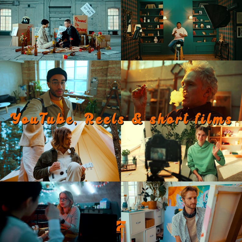May include: A collage of images featuring diverse scenes. One scene shows people with protest signs and flowers. Another depicts a person on a stool in a room with bookshelves. Other scenes include a person with a camera, a person playing a ukulele, and a person painting. Text overlay: "YouTube, Reels & short films."