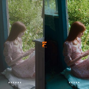May include: A woman with long red hair wearing a pink floral dress and a gold necklace, seated near a window. The image shows a before and after comparison, with the text "BEFORE" and "AFTER" at the bottom. The background features lush greenery.