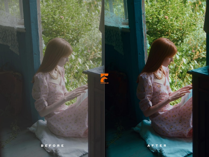 May include: A woman with long red hair wearing a pink floral dress and a gold necklace, seated near a window. The image shows a before and after comparison, with the text "BEFORE" and "AFTER" at the bottom. The background features lush greenery.