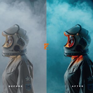 May include: An astronaut helmet with a clear visor, worn with a tan uniform. The image is split, showing a "before" and "after" effect with a color shift from gray to blue and orange. The word "BEFORE" is at the bottom left.