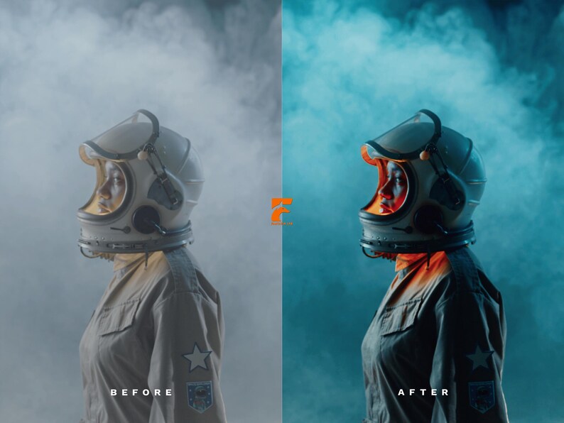 May include: An astronaut helmet with a clear visor, worn with a tan uniform. The image is split, showing a "before" and "after" effect with a color shift from gray to blue and orange. The word "BEFORE" is at the bottom left.