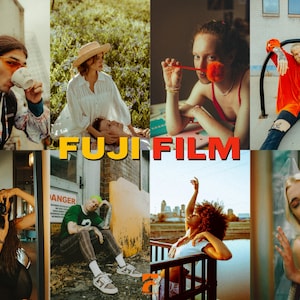 May include: A collage of eight images featuring diverse individuals in various settings. The central image displays "FUJI FILM" in yellow and orange block letters. The photos showcase people with unique styles, including a person drinking from a cup and another holding a camera.