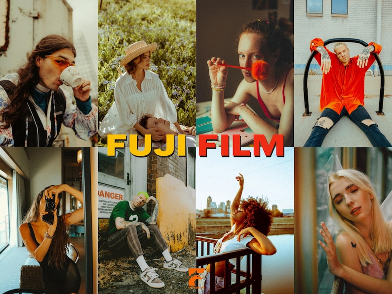 May include: A collage of eight images featuring diverse individuals in various settings. The central image displays "FUJI FILM" in yellow and orange block letters. The photos showcase people with unique styles, including a person drinking from a cup and another holding a camera.
