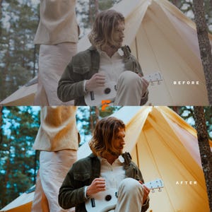 May include: A person playing a white ukulele outdoors near a tent. The person is wearing a white shirt and green jacket. The image has the text "BEFORE" and "AFTER".
