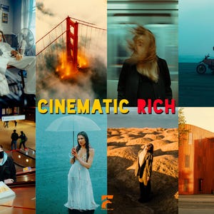 May include: A collage of cinematic images. Includes a man in a white suit, the Golden Gate Bridge engulfed in flames, a woman with wind-blown hair, a person on a motorcycle, a person wearing a mask, a woman with an umbrella, a person in the desert, and a building. Text reads "CINEMATIC RICH".