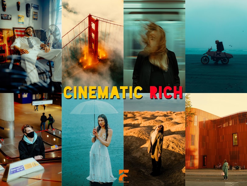 May include: A collage of cinematic images. Includes a man in a white suit, the Golden Gate Bridge engulfed in flames, a woman with wind-blown hair, a person on a motorcycle, a person wearing a mask, a woman with an umbrella, a person in the desert, and a building. Text reads "CINEMATIC RICH".