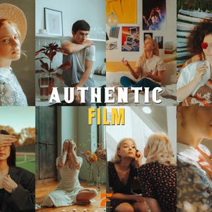 May include: A collage of lifestyle portraits featuring diverse individuals. The central text reads "AUTHENTIC FILM." The images showcase various scenes, including a woman in a straw hat, a person in a white shirt, and a person applying makeup.