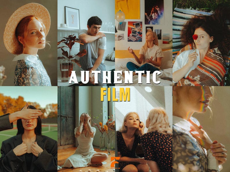 May include: A collage of lifestyle portraits featuring diverse individuals. The central text reads "AUTHENTIC FILM." The images showcase various scenes, including a woman in a straw hat, a person in a white shirt, and a person applying makeup.
