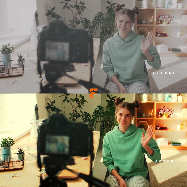 May include: A woman in a green hoodie waves at the camera, with the text "BEFORE" above her in the top image and "AFTER" in the bottom image. A camera is in the foreground, and a desk with plants and a wire basket is in the background.