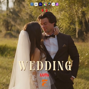 May include: A couple embraces outdoors, the woman in a white wedding dress and veil, the man in a black suit and bow tie. The word "WEDDING" is displayed in gold lettering, with "LUTS" below it.