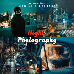 Könnte beinhalten: Eine Collage mit vier Bildern zum Thema Nachtfotografie. Oben links ist eine Person in einem schwarzen Kapuzenpullover und einer Maske mit X-Design zu sehen. Oben rechts ist eine Skyline bei Nacht zu sehen. Unten links ist eine Straße mit Autos zu sehen. Unten rechts ist eine Person in einem Auto zu sehen. Der Text lautet "Lightroom Presets MOBILE & DESKTOP" und "Night Photography."