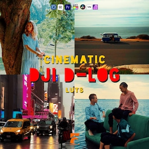 Può includere: Un collage di immagini a tema cinematografico. Il testo "CINEMATIC DJI D-LOG LUTS" è visualizzato in rosso e giallo. Le immagini includono una donna con una bicicletta, un furgone su una strada costiera e una scena cittadina.