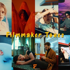 Op de afbeelding: Een collage van afbeeldingen met een filmisch thema. De centrale tekst luidt "Filmmaker Tones" in het geel. De afbeeldingen tonen mensen in verschillende omgevingen, waaronder een auto, een badkuip en een kamer met een toetsenbord.