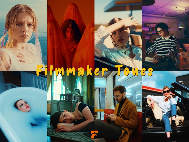 Op de afbeelding: Een collage van afbeeldingen met een filmisch thema. De centrale tekst luidt "Filmmaker Tones" in het geel. De afbeeldingen tonen mensen in verschillende omgevingen, waaronder een auto, een badkuip en een kamer met een toetsenbord.