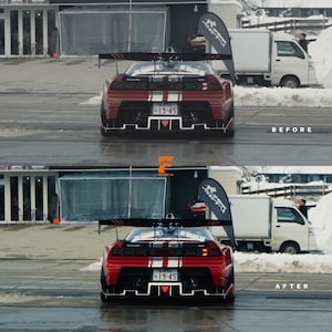 May include: A red sports car with a large black rear wing, white racing stripes, and a Japanese license plate reading 19-45. The image is split into two sections labeled BEFORE and AFTER, showing the vehicle from a rear-facing perspective.