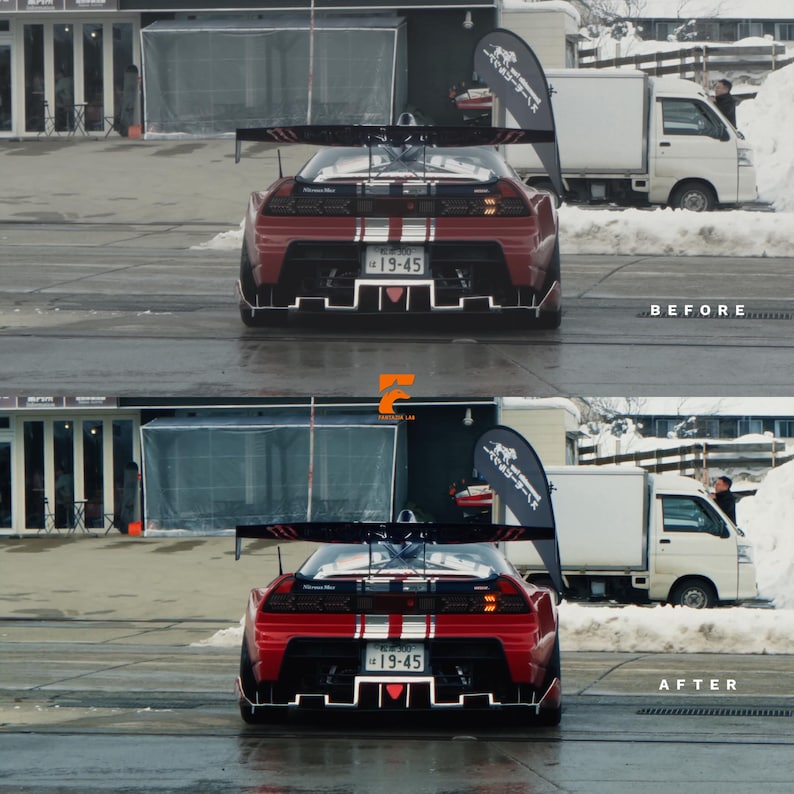 May include: A red sports car with a large black rear wing, white racing stripes, and a Japanese license plate reading 19-45. The image is split into two sections labeled BEFORE and AFTER, showing the vehicle from a rear-facing perspective.