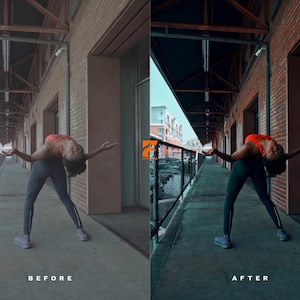 May include: A person in athletic wear, including a red sports bra and dark gray leggings, is captured in a stretching pose outdoors. The image is split, with "BEFORE" and "AFTER" text, showcasing a color adjustment. The background features a brick building and a walkway.