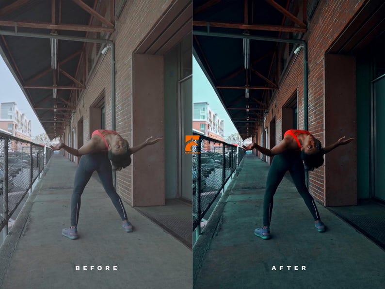 May include: A person in athletic wear, including a red sports bra and dark gray leggings, is captured in a stretching pose outdoors. The image is split, with "BEFORE" and "AFTER" text, showcasing a color adjustment. The background features a brick building and a walkway.