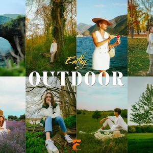 May include: A collage of outdoor scenes featuring people in nature. The word "Earthly Outdoor" is displayed in a stylized font. The images include a stone bridge over water, a person near a tree, and a person in a white dress.