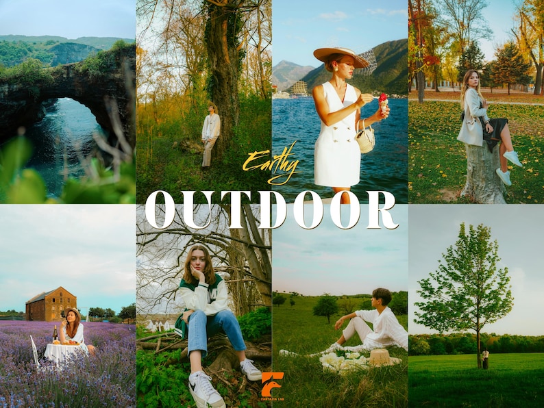 May include: A collage of outdoor scenes featuring people in nature. The word "Earthly Outdoor" is displayed in a stylized font. The images include a stone bridge over water, a person near a tree, and a person in a white dress.