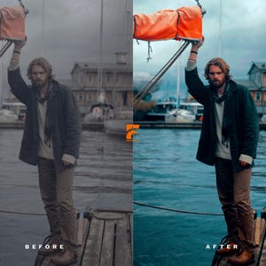 May include: A man stands on a wooden dock near boats, holding a sail. He wears a dark jacket, scarf, and pants. The image is split, with "BEFORE" on the left and "AFTER" on the right, showing a color adjustment.