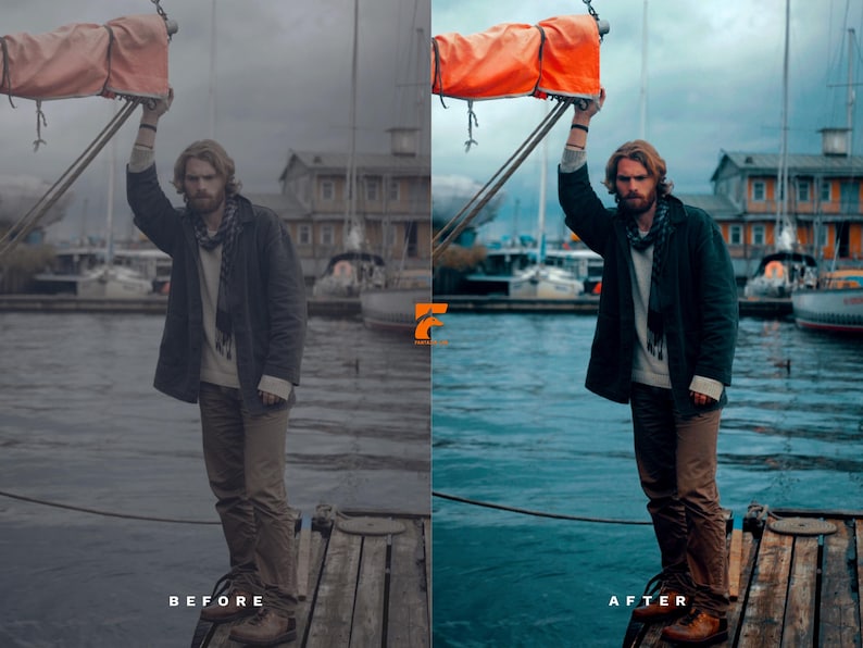 May include: A man stands on a wooden dock near boats, holding a sail. He wears a dark jacket, scarf, and pants. The image is split, with "BEFORE" on the left and "AFTER" on the right, showing a color adjustment.