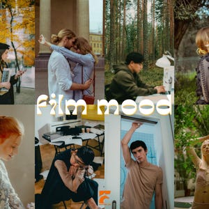 May include: A collage of lifestyle images with a warm, vintage aesthetic. The images include people in various settings, such as outdoors and indoors, with a soft, film-like quality. The text "film mood" is overlaid on the images.