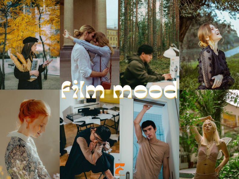 May include: A collage of lifestyle images with a warm, vintage aesthetic. The images include people in various settings, such as outdoors and indoors, with a soft, film-like quality. The text "film mood" is overlaid on the images.