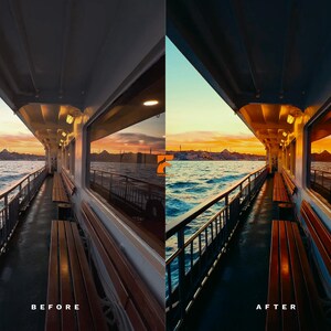 May include: A ferry boat interior with wooden benches and a metal railing, offering a view of the water and a sunset. The image is split, with "BEFORE" and "AFTER" text, showcasing a photo edit. The sky transitions from blue to orange.